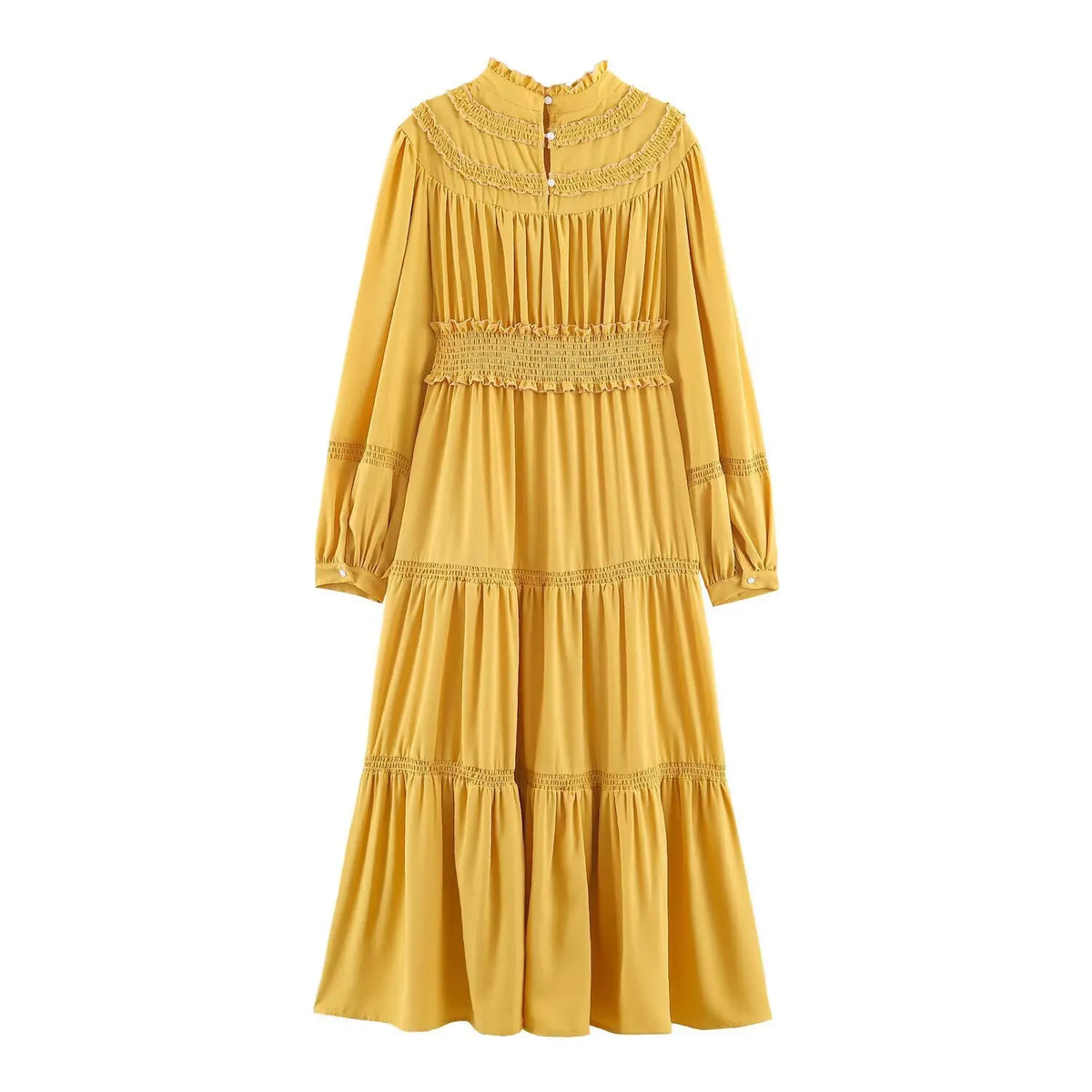 back view of bright yellow ruffle collar maxi dress with tiered skirt on white background