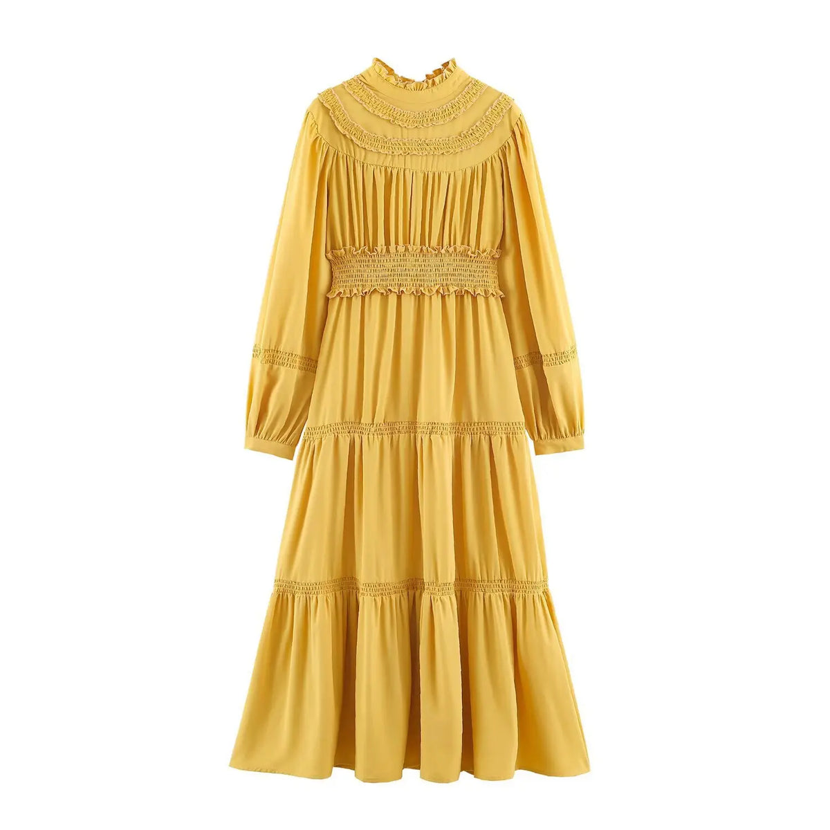 Full look of yellow ruffle collar maxi dress with puff sleeves and tiered shirred skirt
