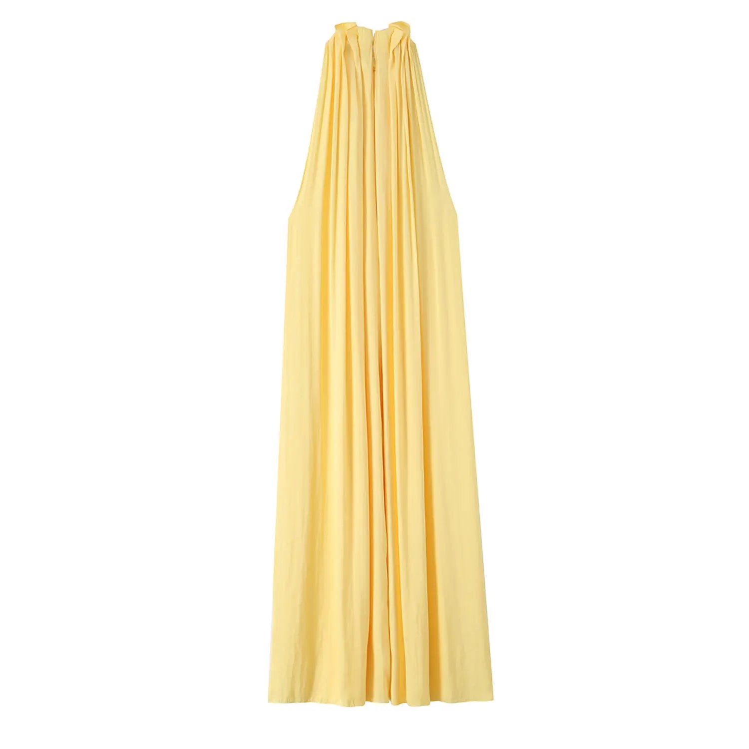 Full back flat product shot, central back vertical invisible zipper, matching elastic ruffle halter neck, full gathered loose maxi skirt, clean minimalist back silhouette