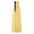 Full front white background flat lay, sleeveless halter maxi dress, elastic ruffle neckline, contrast black wide ribbon tie at shoulder, all-over loose flowy A-line floor-length silhouette, soft pale yellow matte fabric