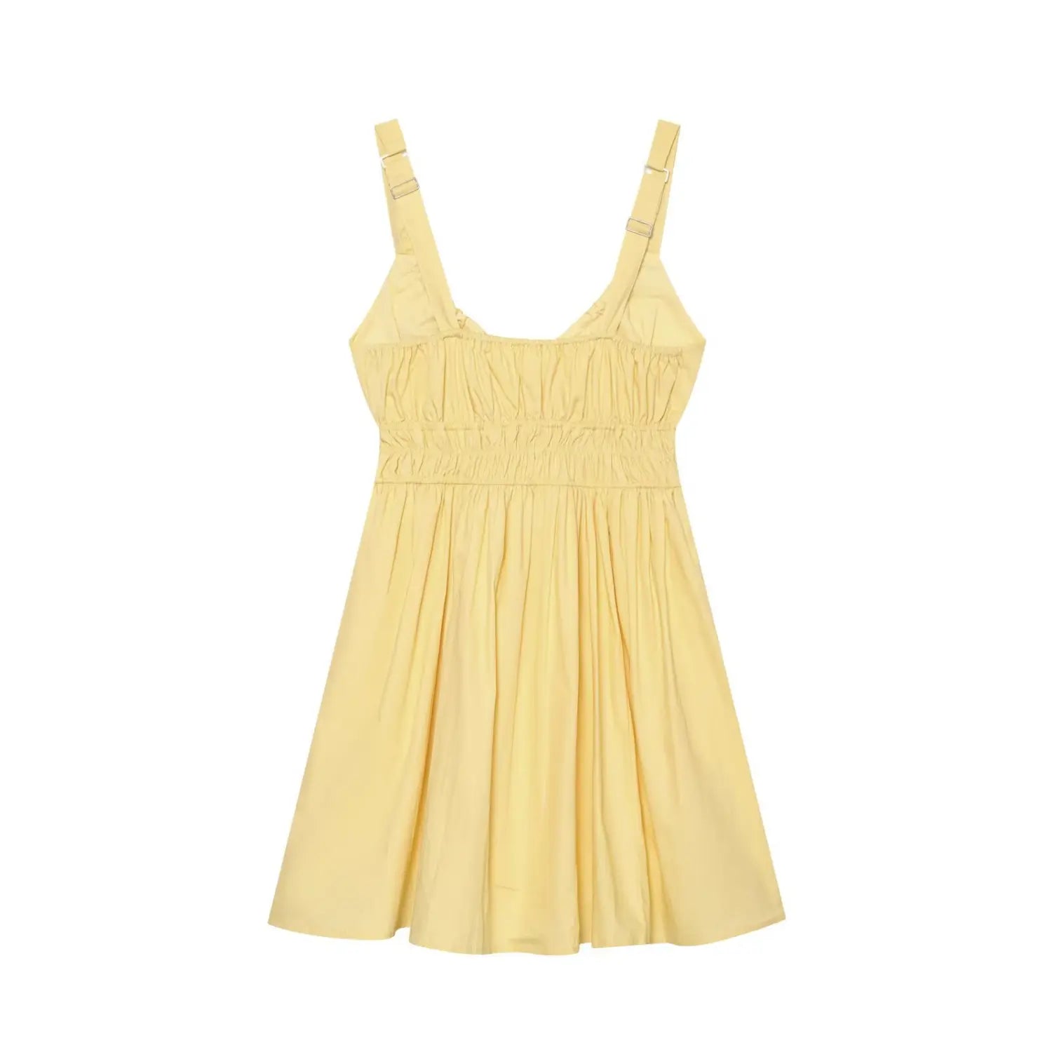 Back flat view of yellow cami mini dress, smocked waist, adjustable metal buckle shoulder straps