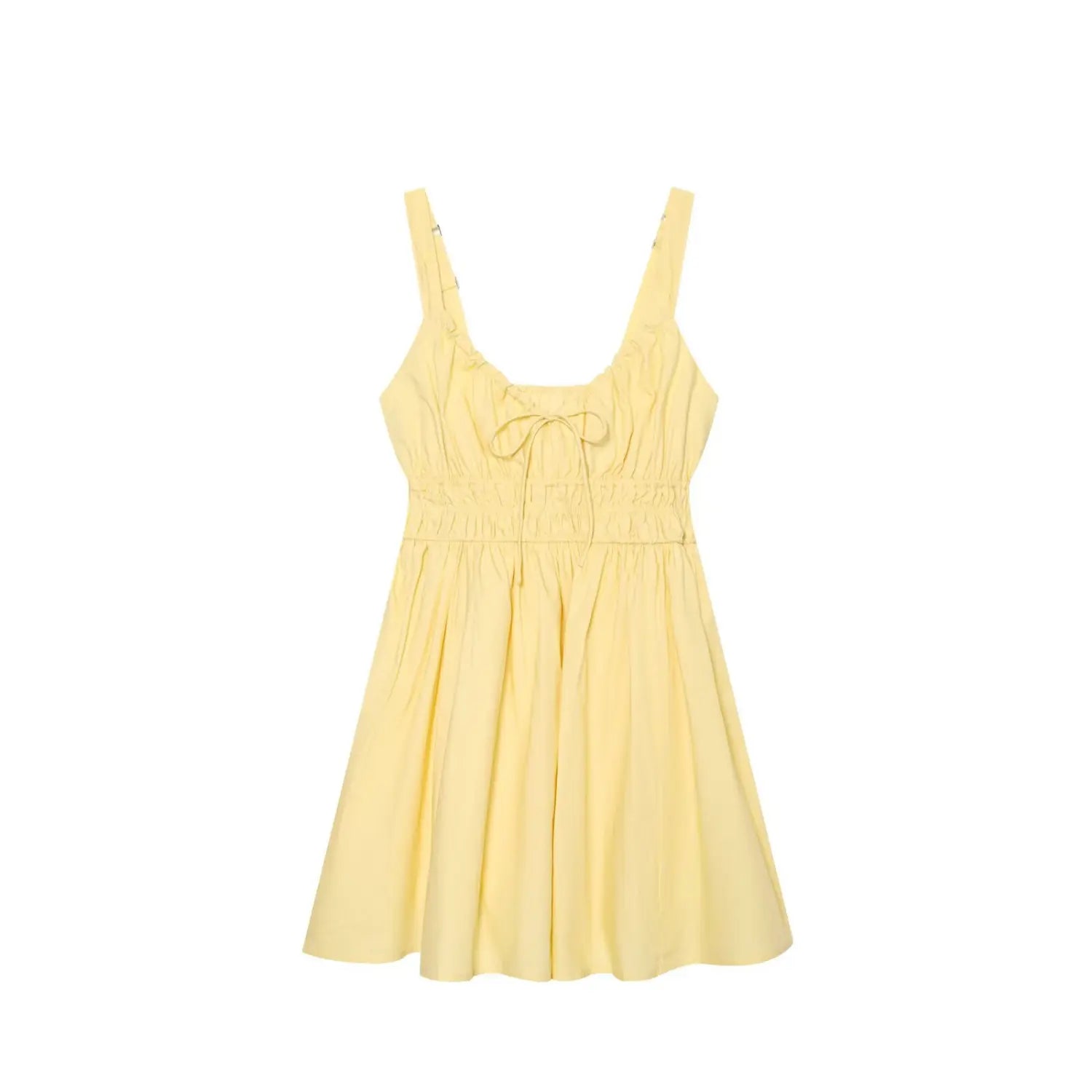 Full front flat shot of yellow cami mini dress, tie front detail, smocked elastic waist, adjustable spaghetti straps