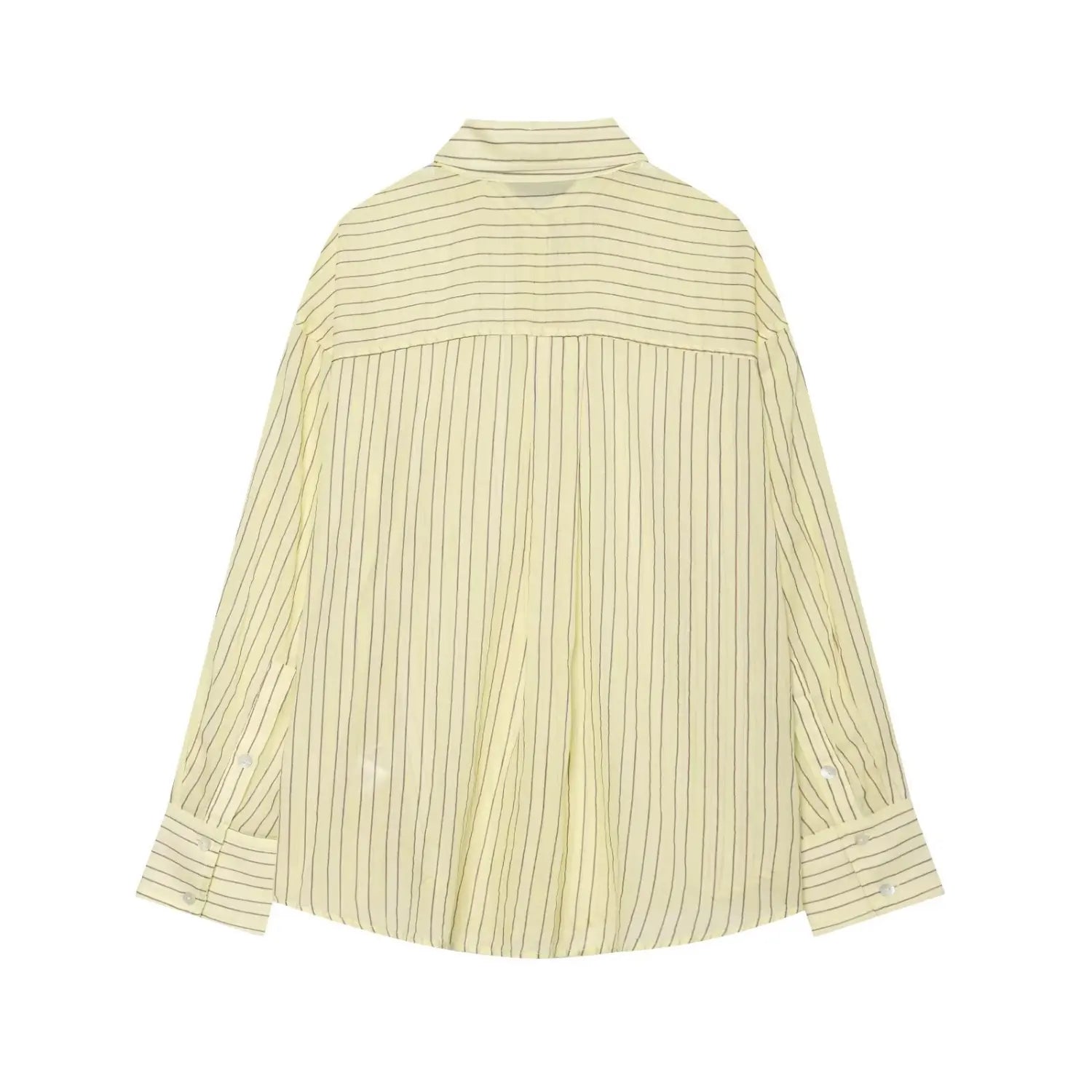 Back flat lay oversized blouse, rear box pleat yoke, lightweight semi-sheer fabric