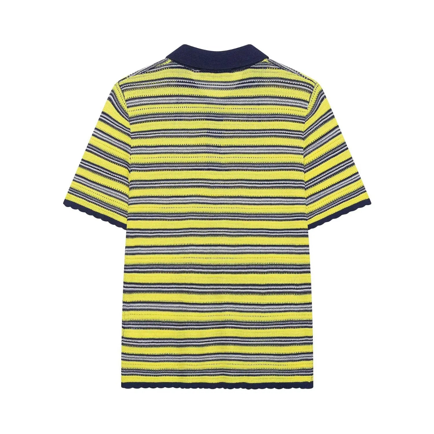 Complete back flat view, solid striped openwork knit, matching navy scalloped sleeve cuffs, straight relaxed silhouette