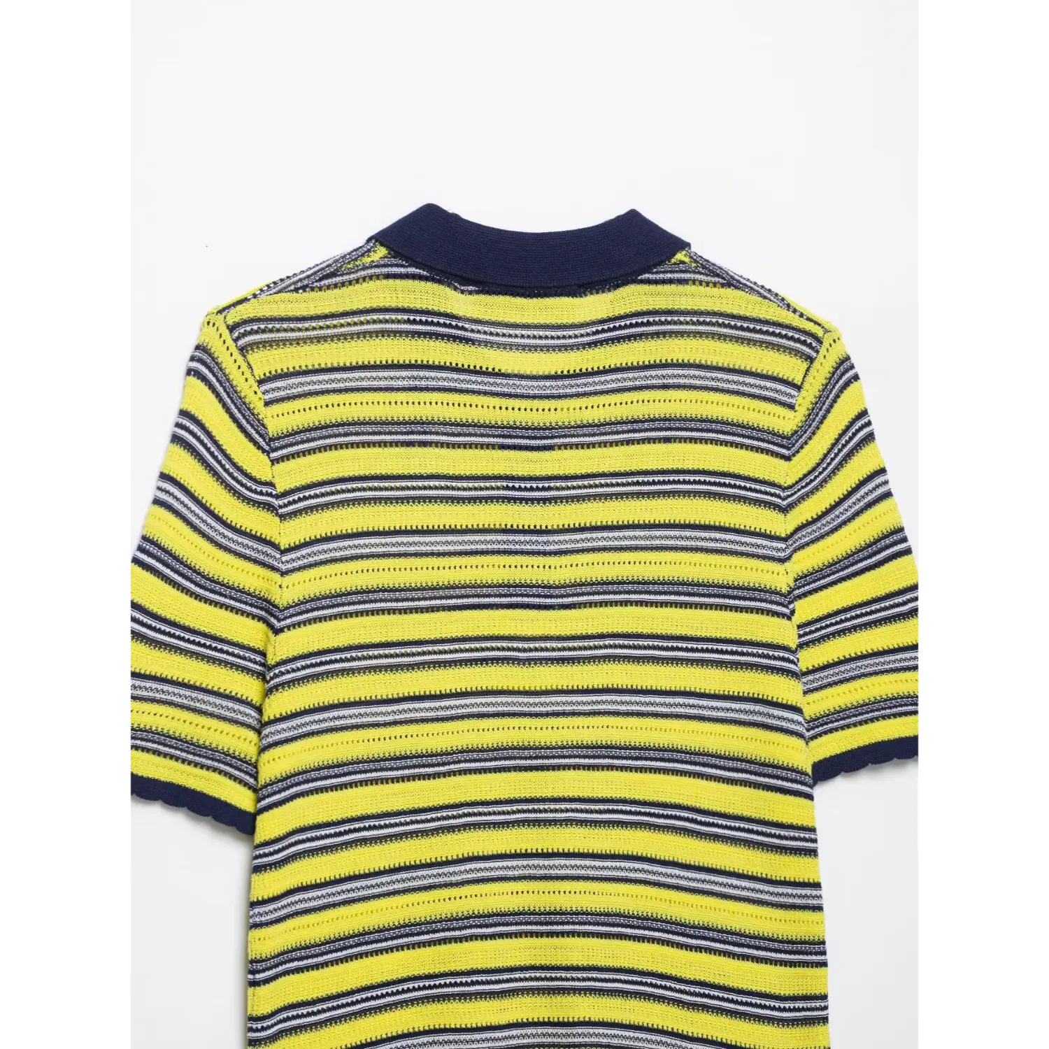 Complete back flat view, solid striped openwork knit, matching navy scalloped sleeve cuffs, straight relaxed silhouette