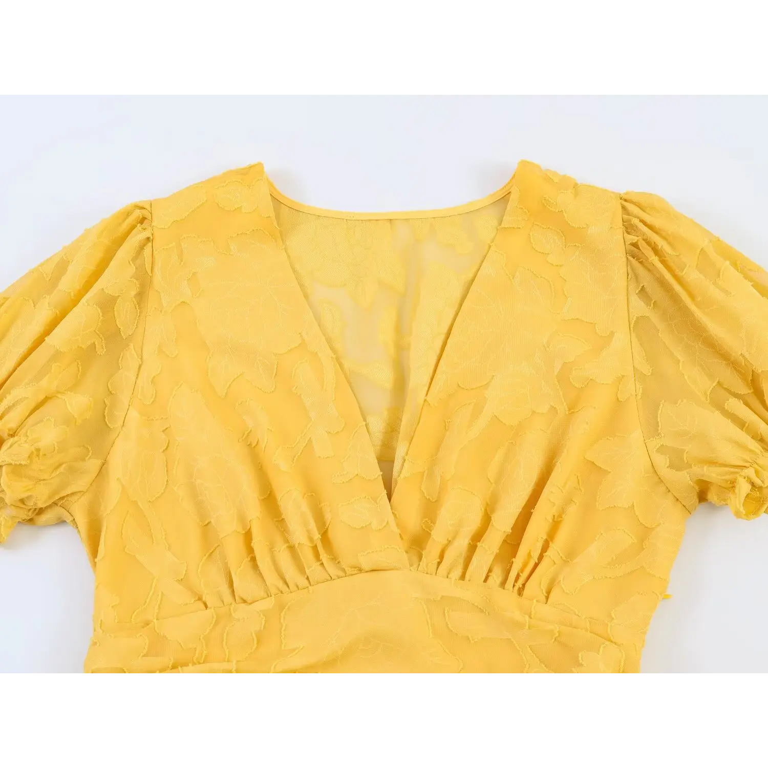 Close-up shot of the V-neckline and puff sleeves of a yellow textured floral dress