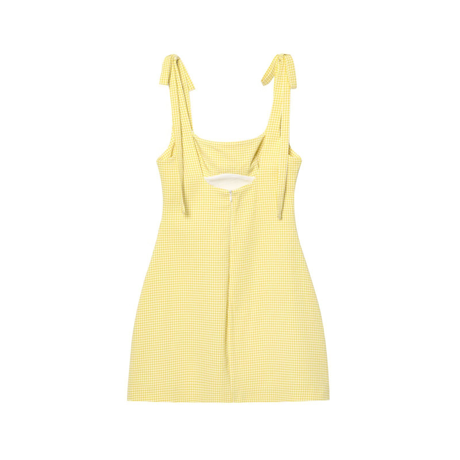 Back view yellow tie‑strap cami top with back cutout detail