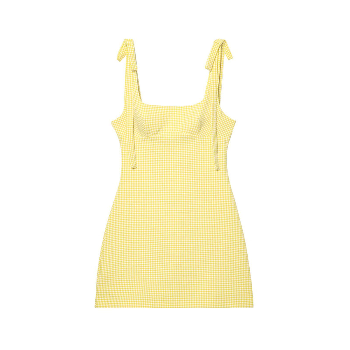Front view yellow square neck cami top with self‑tie shoulder straps slim fit