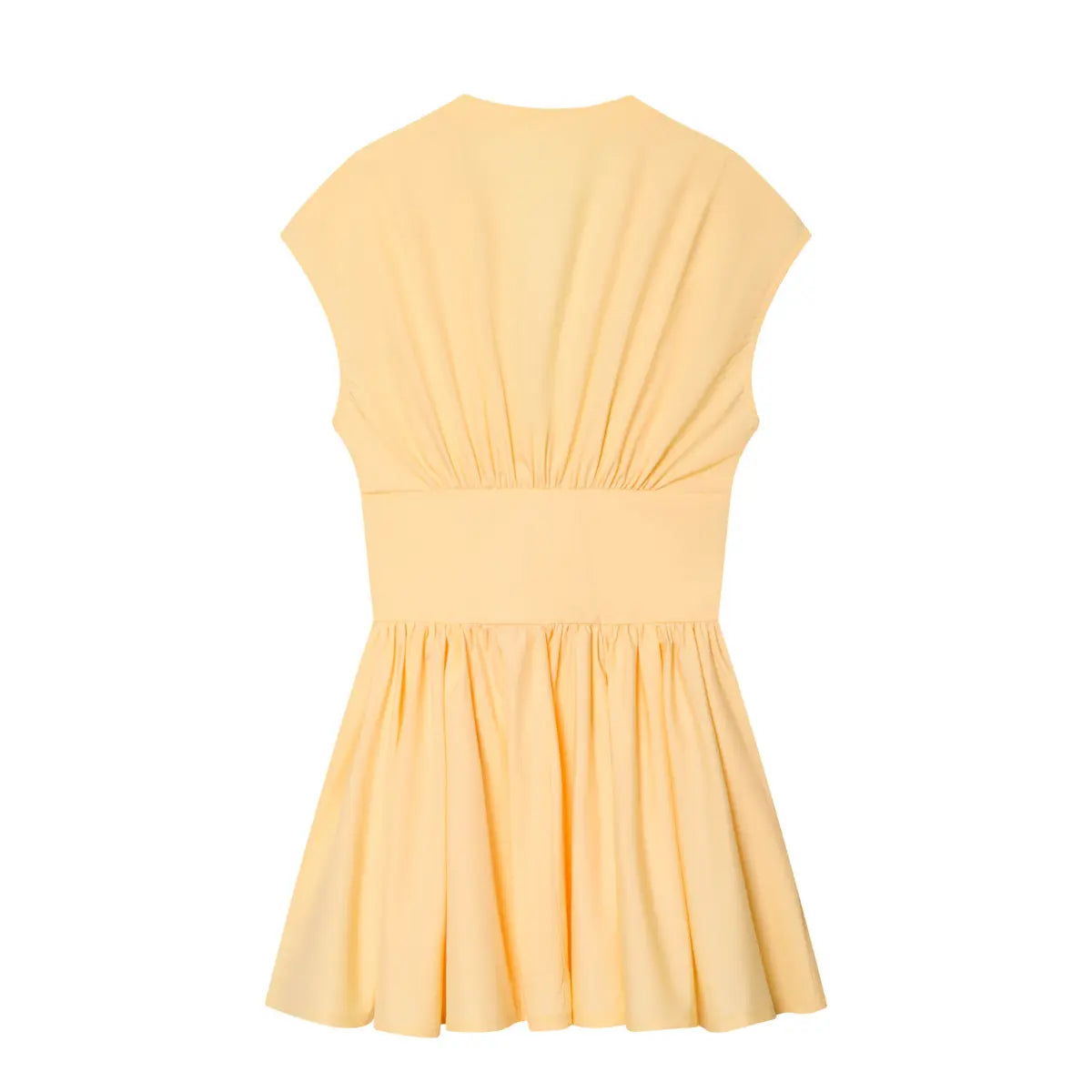 Back view of the dress, showing the gathered fabric at the neckline and cinched waist.