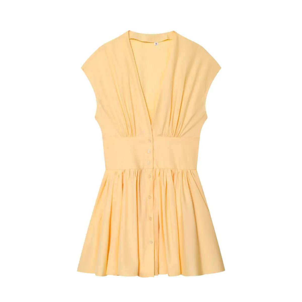 Front view of a pale yellow dress with a deep V-neck, cap sleeves, button-front placket, and cinched waist with a flared skirt.