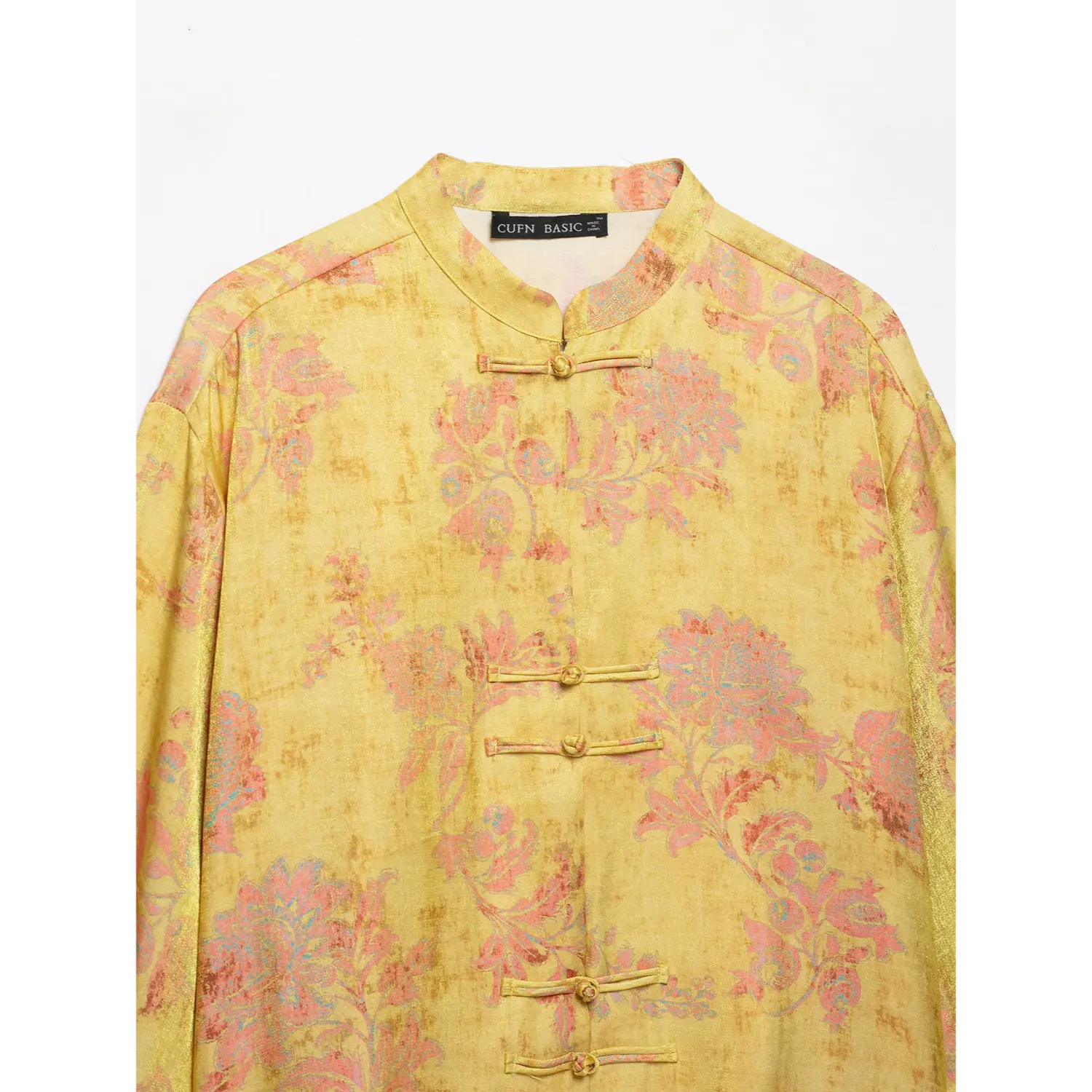 Yellow vintage floral print mandarin collar shirt, traditional chinese frog buttons, three quarter sleeve cropped blouse