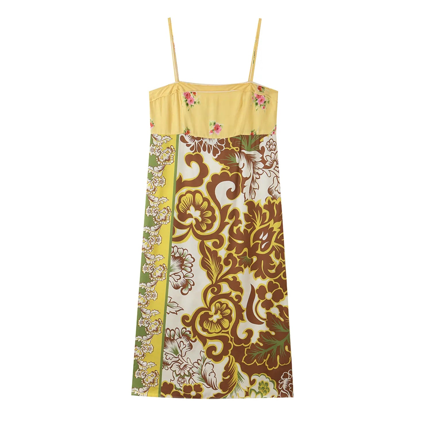 Front flat lay of yellow vintage patchwork floral spaghetti strap midi slip dress on white background