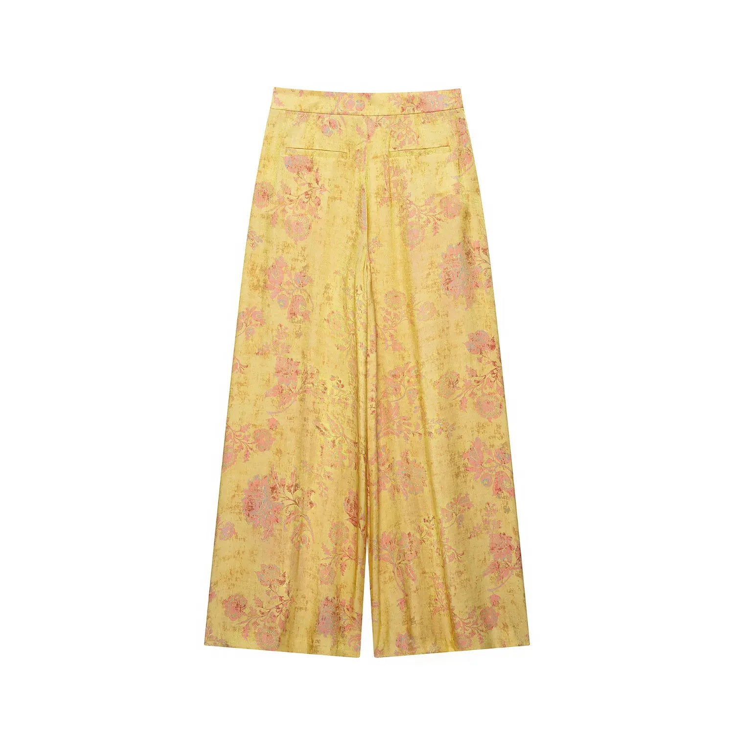 Back product shot golden yellow floral wide leg trousers with back welt pockets