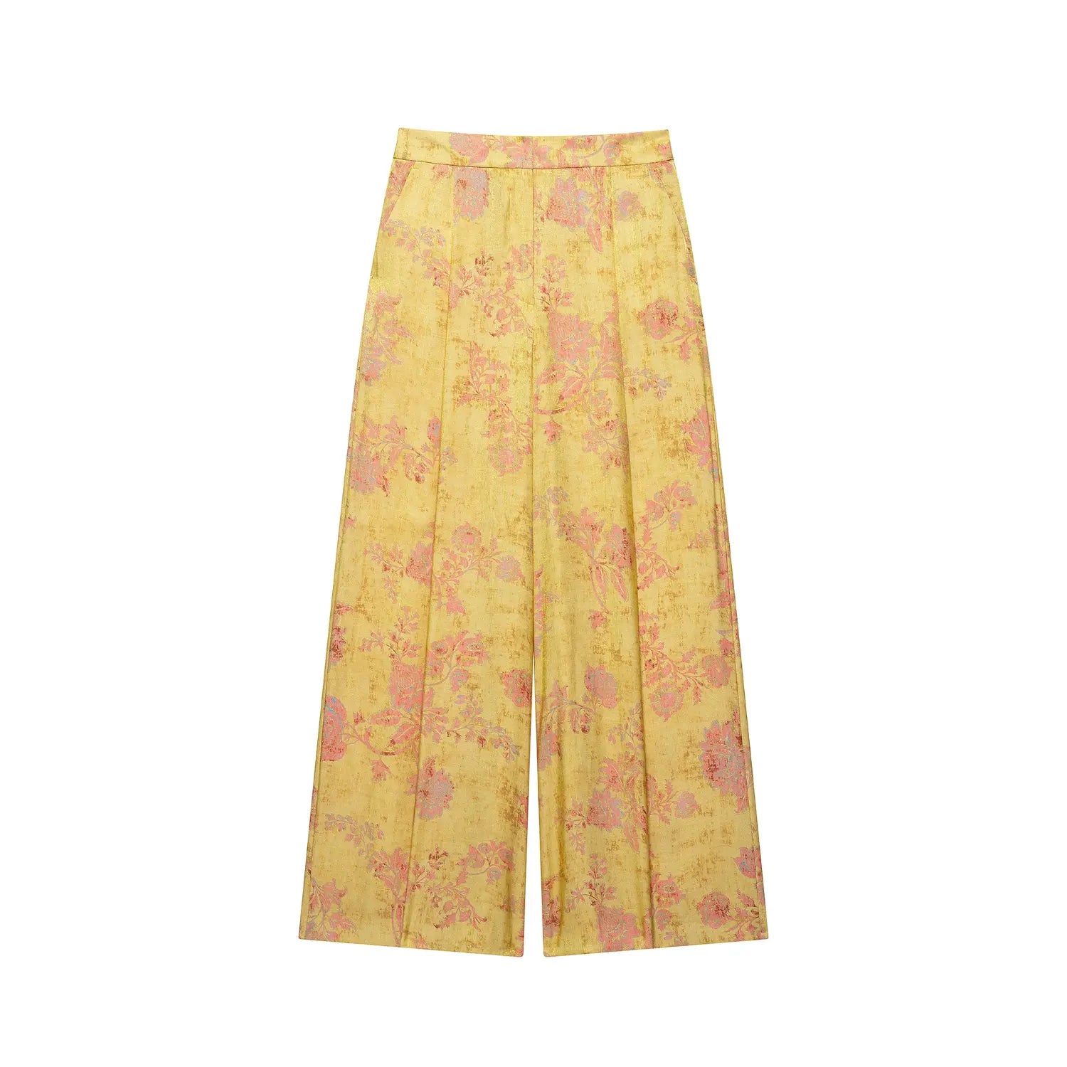 Golden yellow vintage floral print wide leg trousers, new chinese style high waist loose pants with side pockets