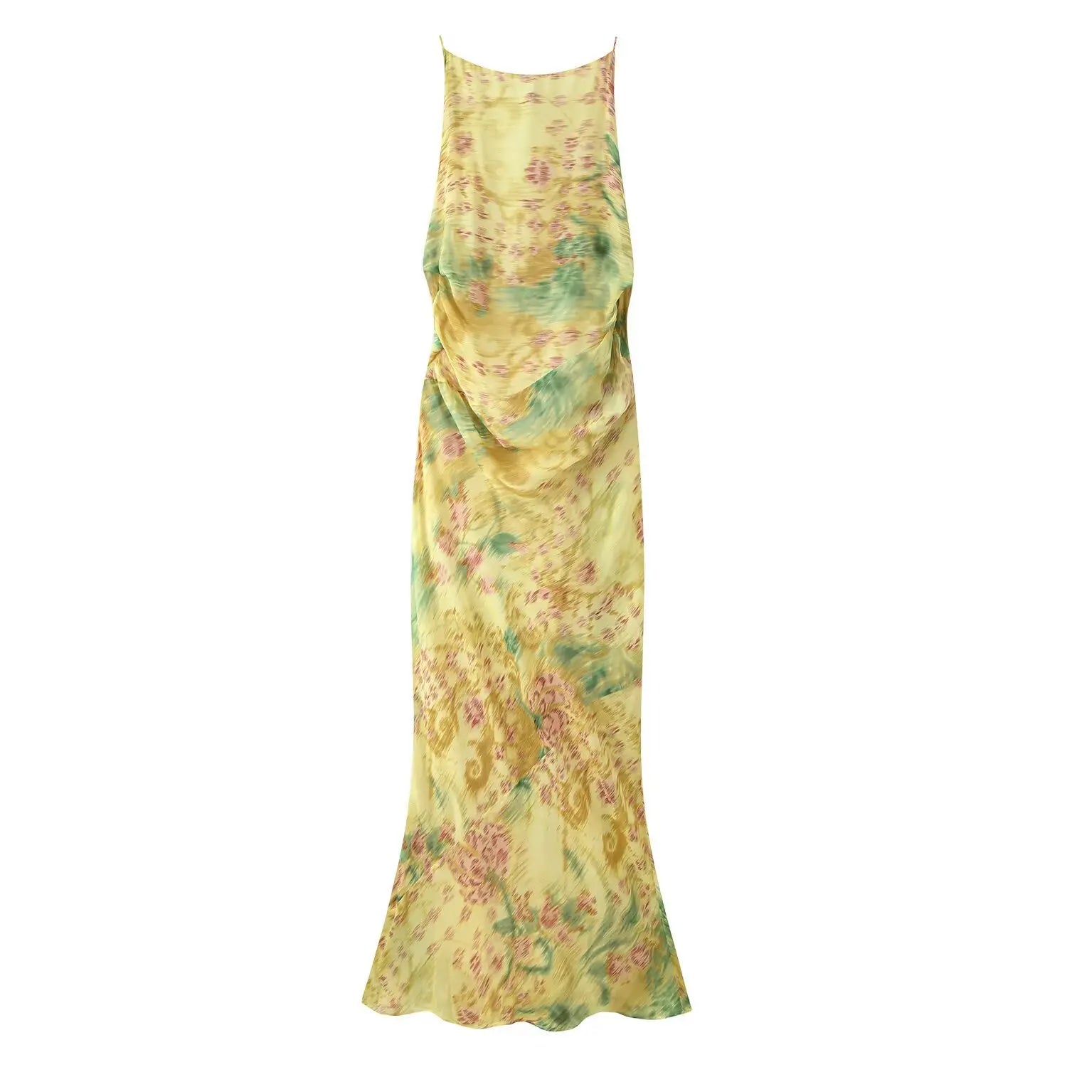 Full front flat lay halter neck floral maxi dress, ruched waist side gather, mermaid ruffle hem, identical yellow watercolor flower chiffon fabric