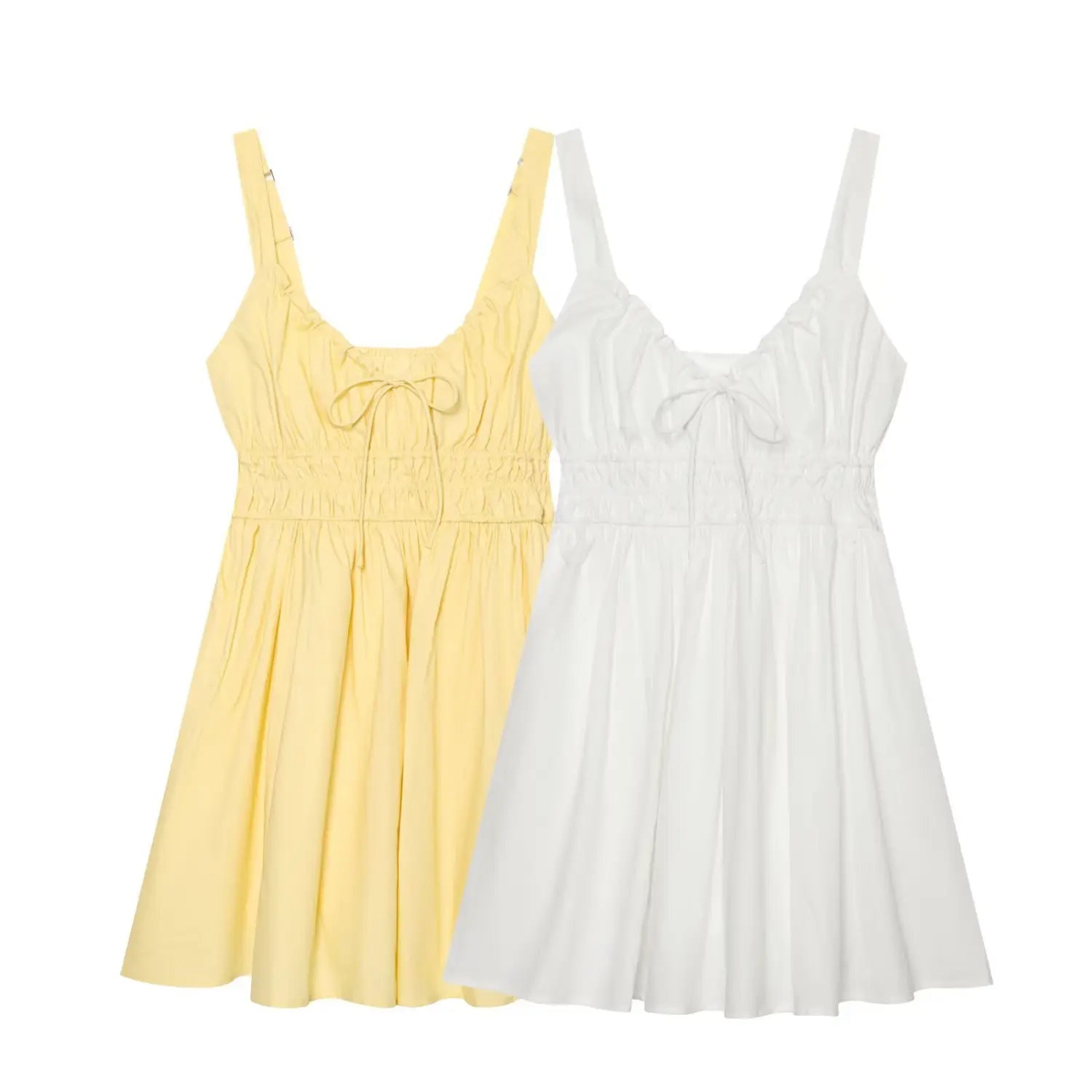 Flat lay of yellow and white smocked cami mini dress, two color options side‑by‑side on white background
