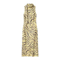 Flat lay front view of sleeveless yellow zebra print satin midi dress, cowl neck with attached neck sash, silky smooth fabric