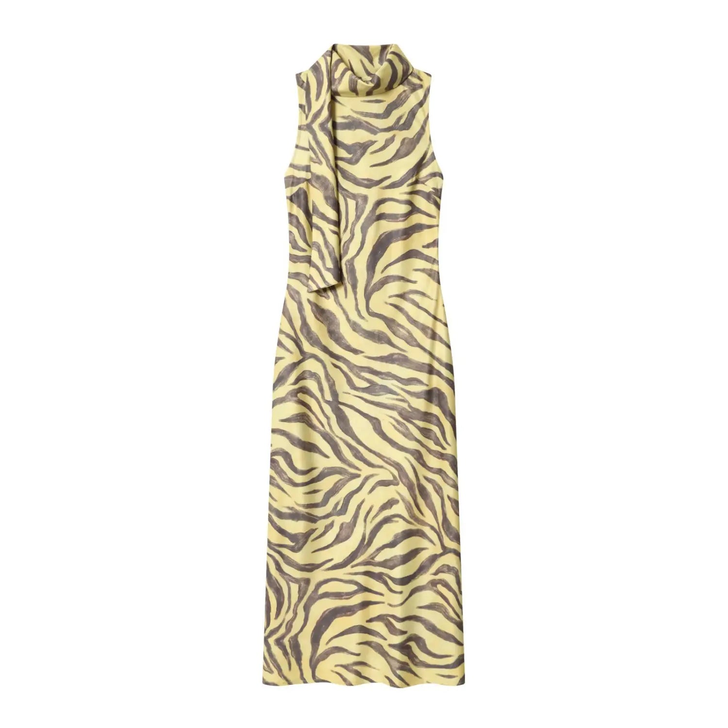 Flat lay front view of sleeveless yellow zebra print satin midi dress, cowl neck with attached neck sash, silky smooth fabric