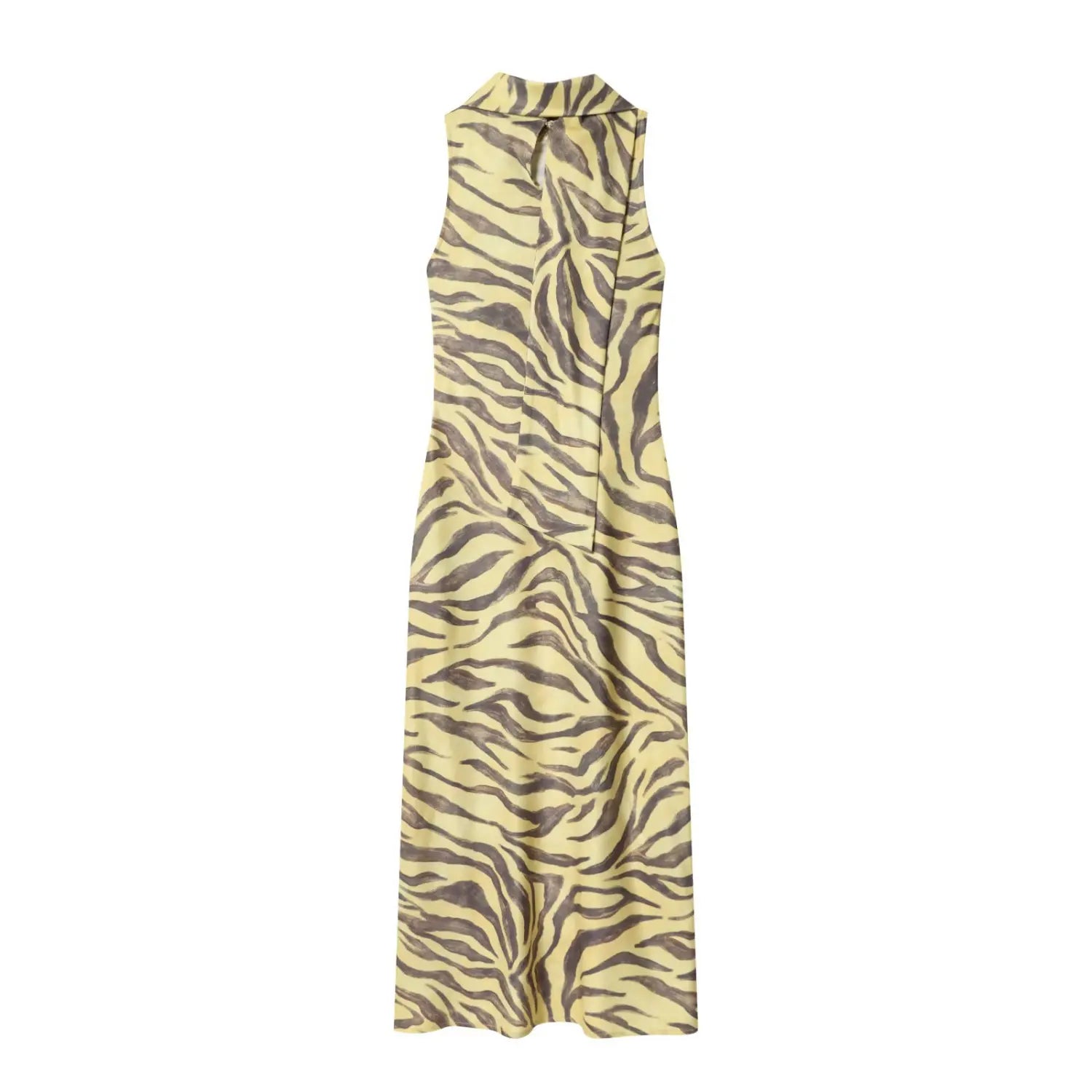 Flat lay back view of yellow zebra stripe midi dress, back keyhole cutout, hanging neck sash detail, full length silhouette