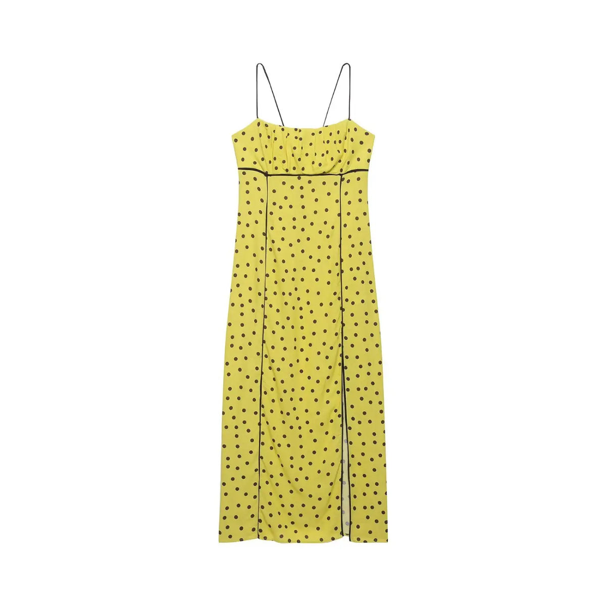 Full flat back view of yellow black polka dot spaghetti strap maxi dress