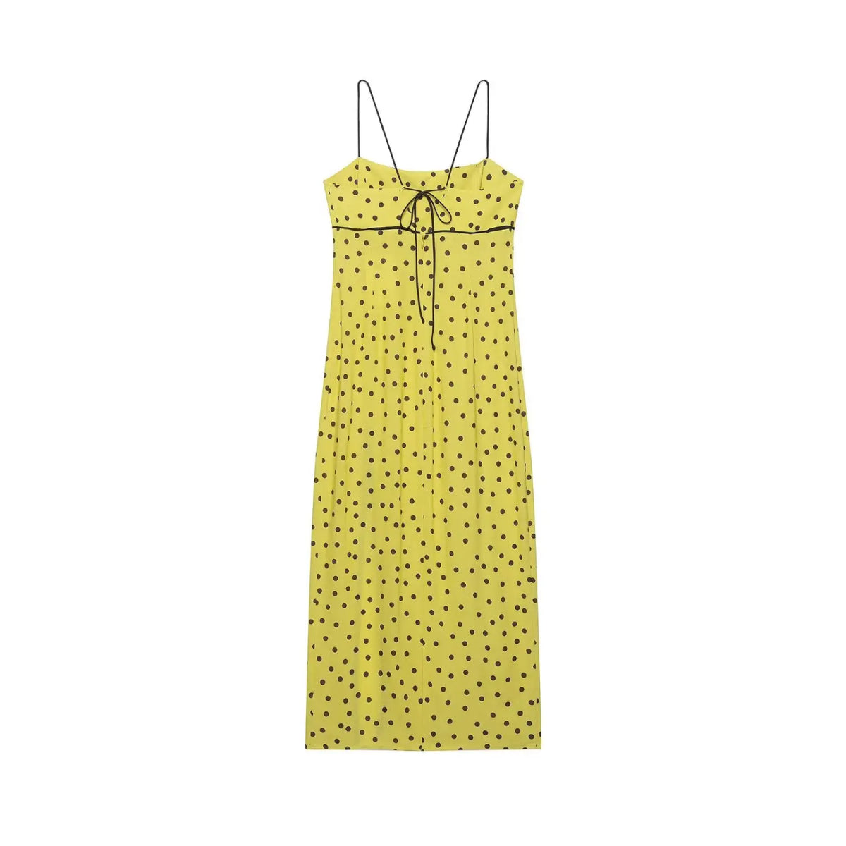 Flat lay front view of yellow black polka dot tie neck spaghetti strap maxi dress