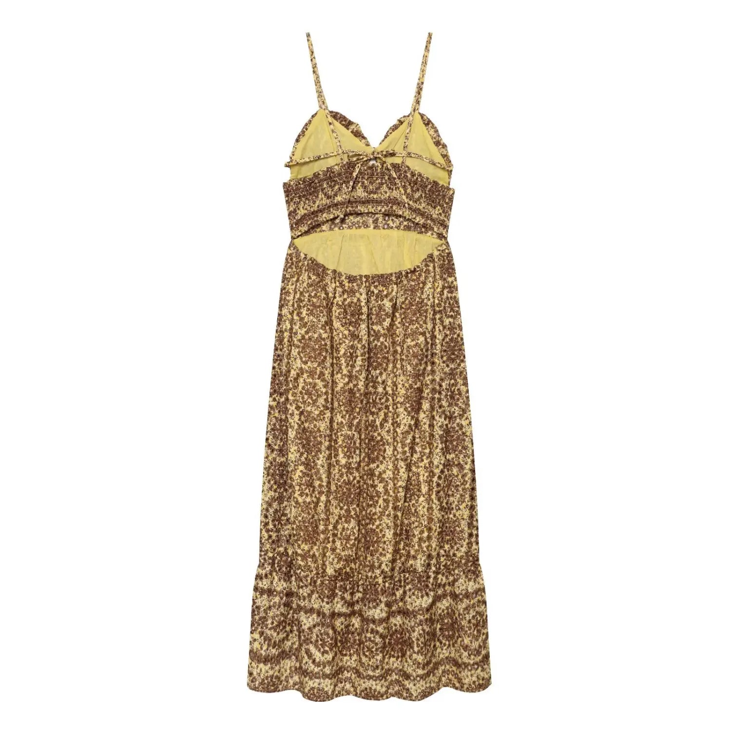 Back view of yellow brown floral midi dress, smocked waist, back cutout with tie detail