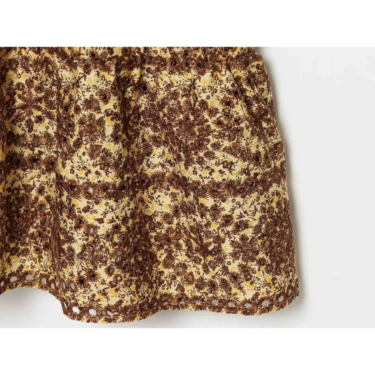 Fabric close‑up of yellow brown ditsy floral midi dress, eyelet embroidery print