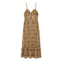 Yellow brown ditsy floral spaghetti strap midi dress front view, v bust, ruffle hem
