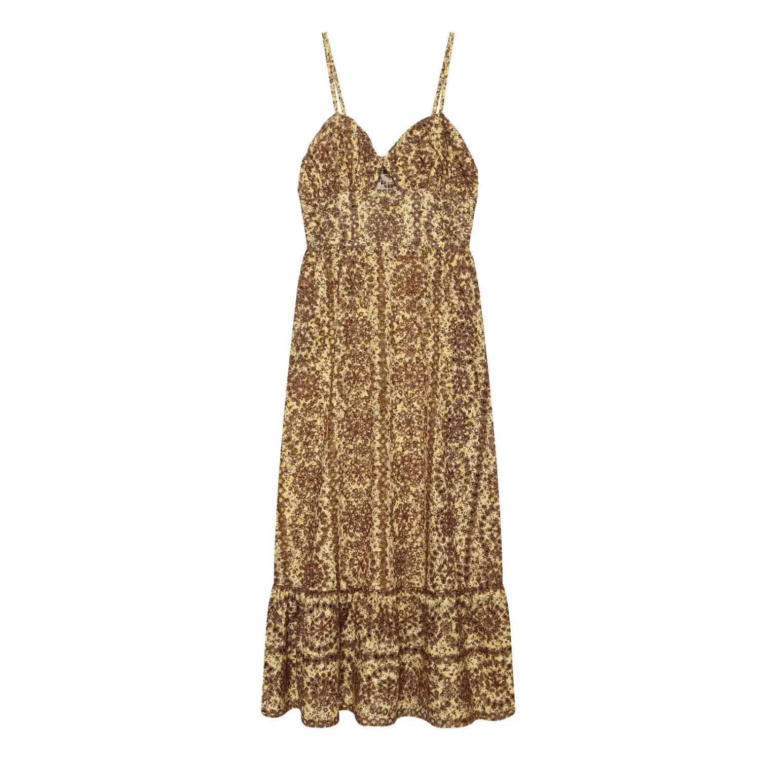 Yellow brown ditsy floral spaghetti strap midi dress front view, v bust, ruffle hem