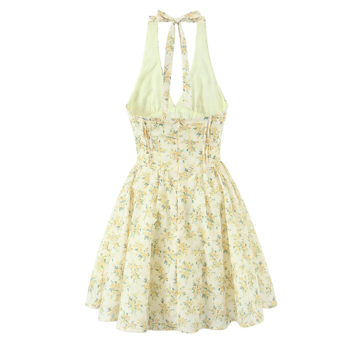 Back view of yellow floral halter mini dress, halter tie‑back closure and hidden back zipper