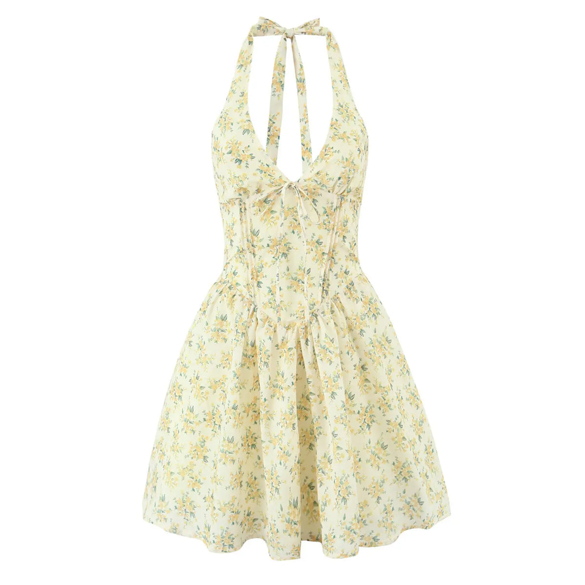 Yellow floral halter mini dress front view, v‑neck with front tie detail, corset waist and flared skirt