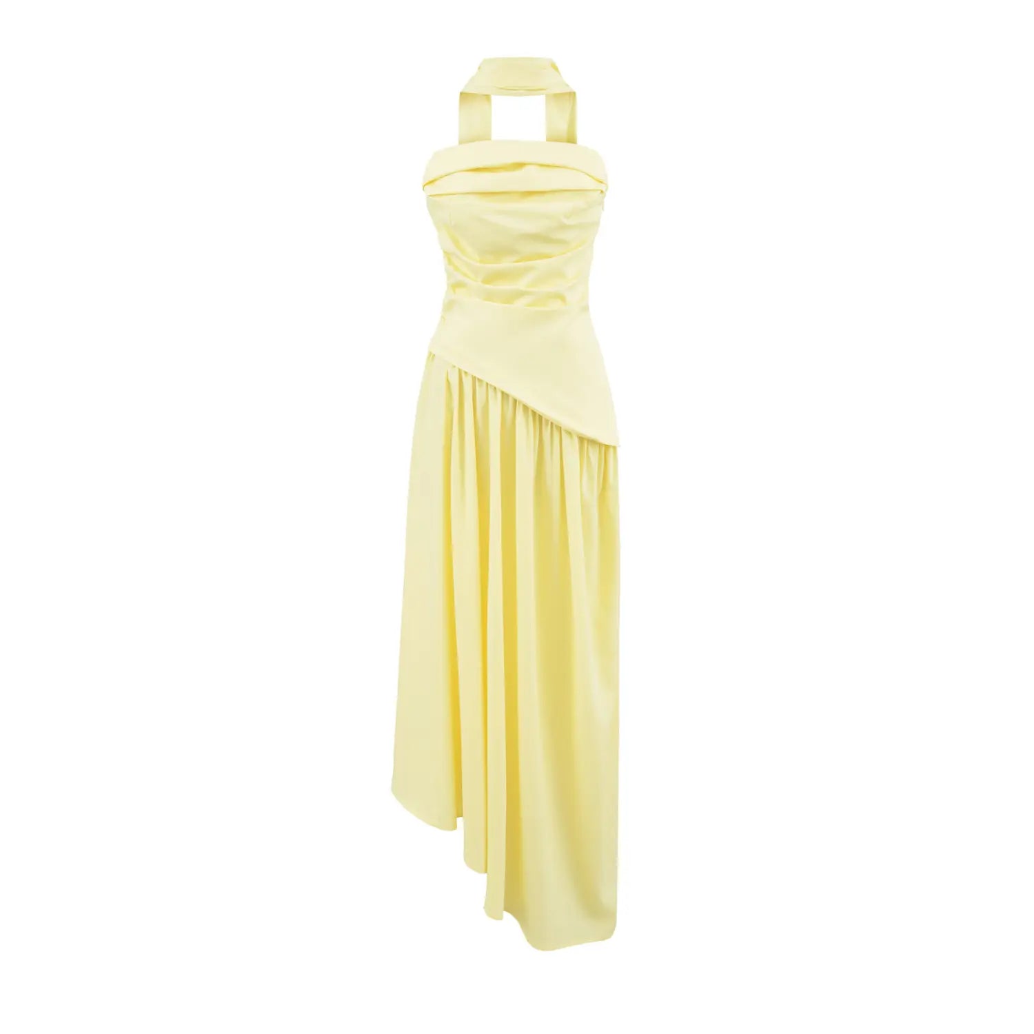 Front full view of yellow halter asymmetrical pleated maxi dress