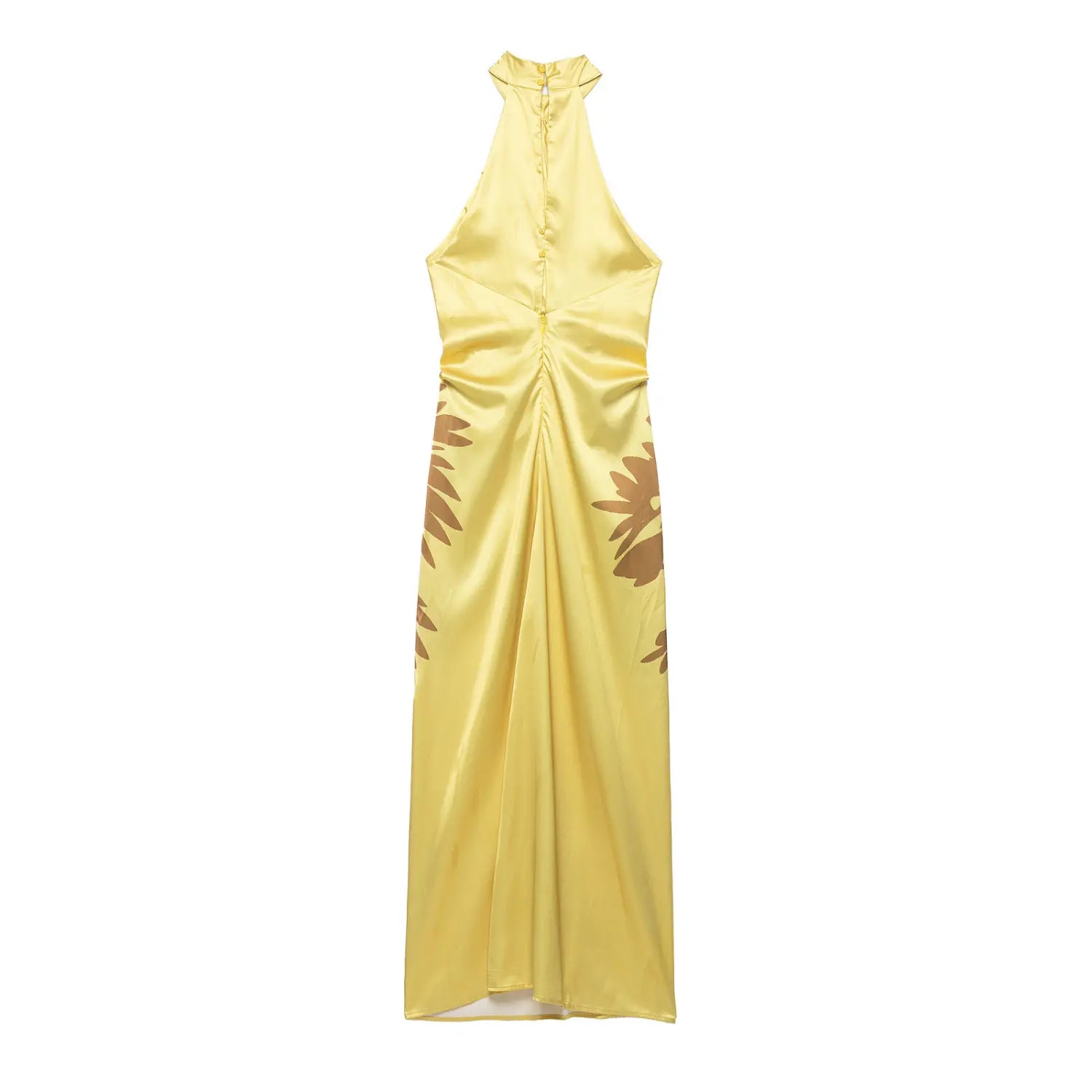 Flat lay back view of yellow satin halter maxi dress, back keyhole button closure, ruched waist and flowing long skirt