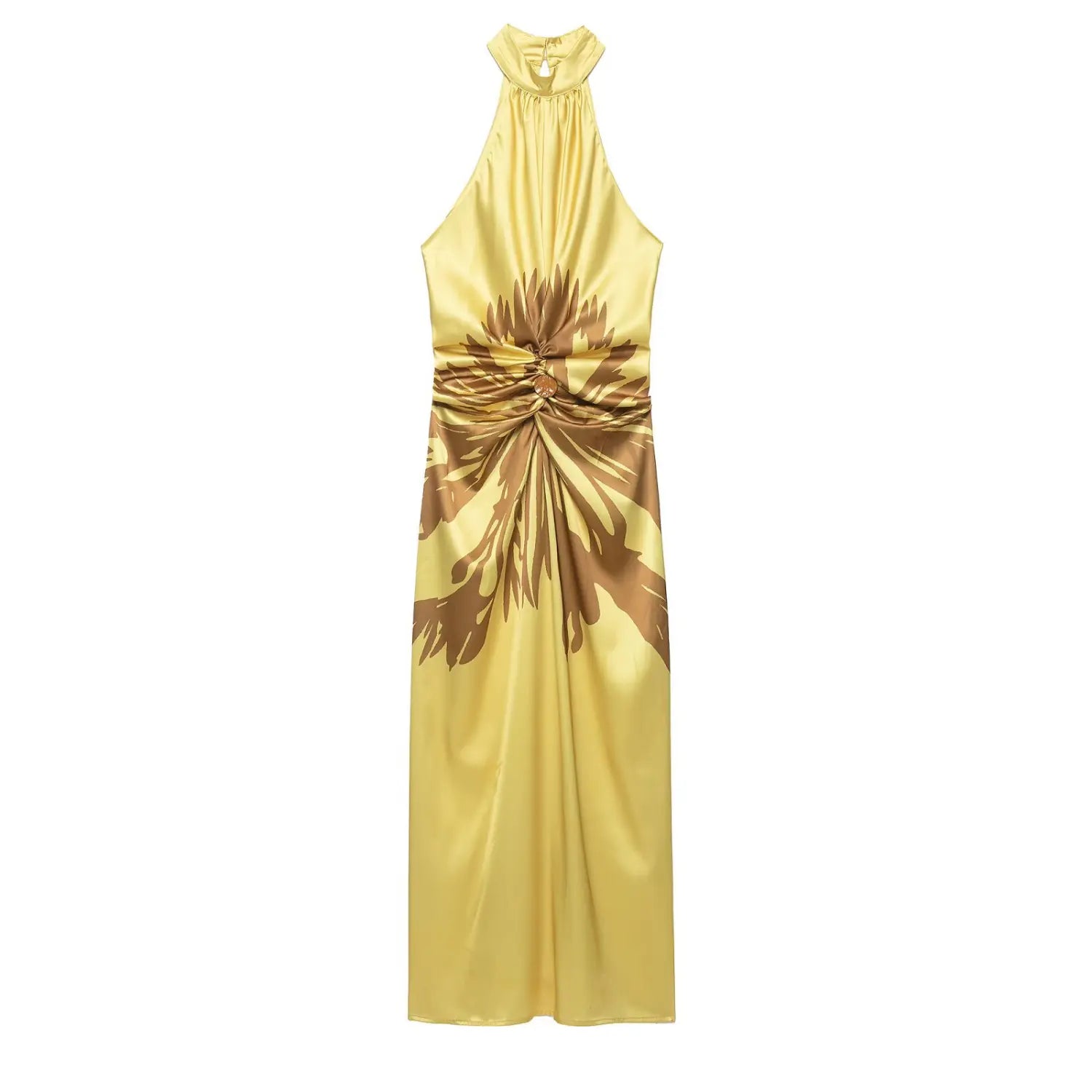 Flat lay front view of yellow satin halter maxi dress, brown abstract floral print, waist twist knot detail with decorative button