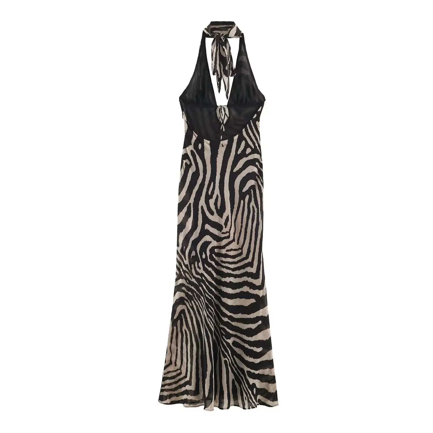 Women zebra print halter maxi dress, back flat lay view, tie neck and back cut‑out detail