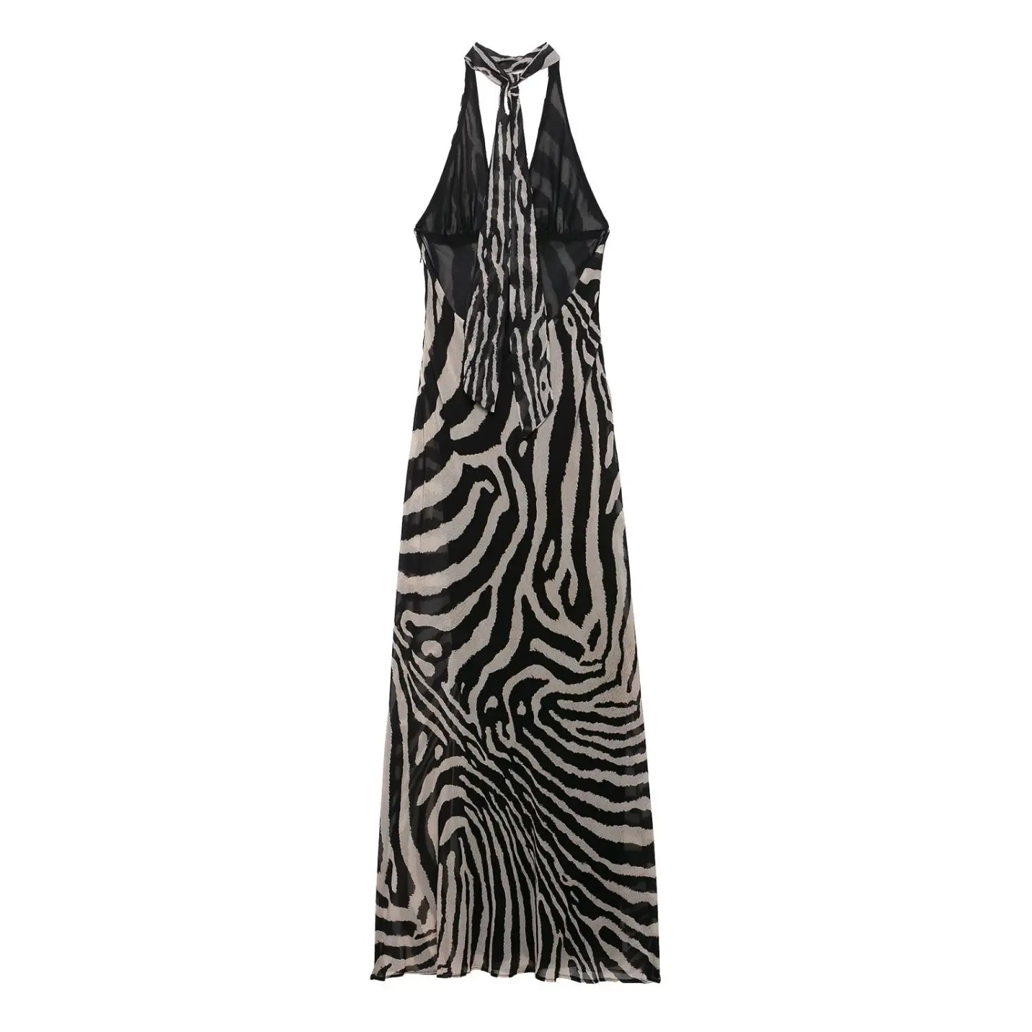 Flat lay back view zebra pattern halter maxi long dress with open back and halter tie sash