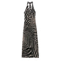 Flat lay front view zebra print halter neck maxi dress with front tie detail and sheer mesh fabric