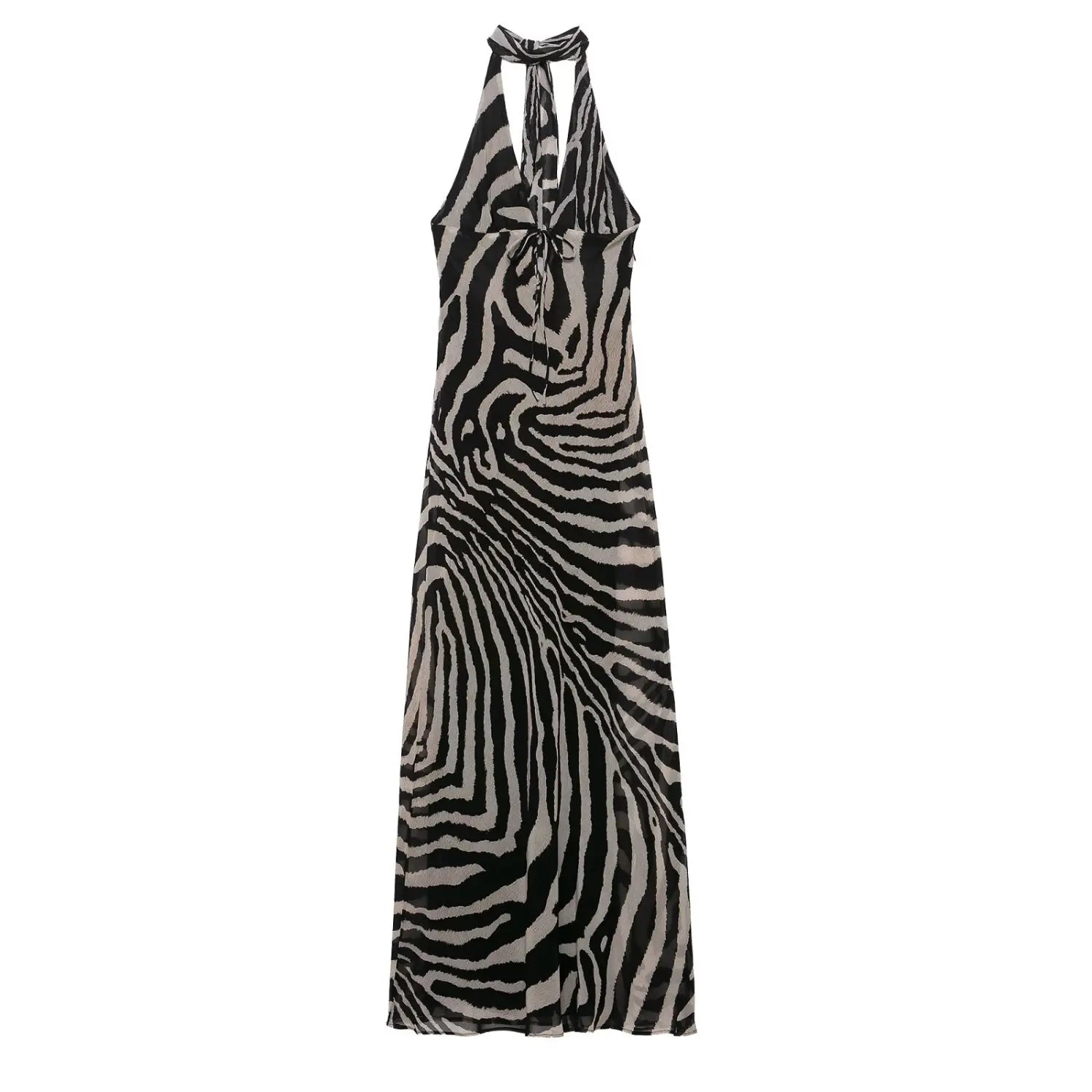 Flat lay front view zebra print halter neck maxi dress with front tie detail and sheer mesh fabric