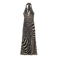 Women zebra print halter maxi dress, front flat lay view, backless tie neck long chiffon dress