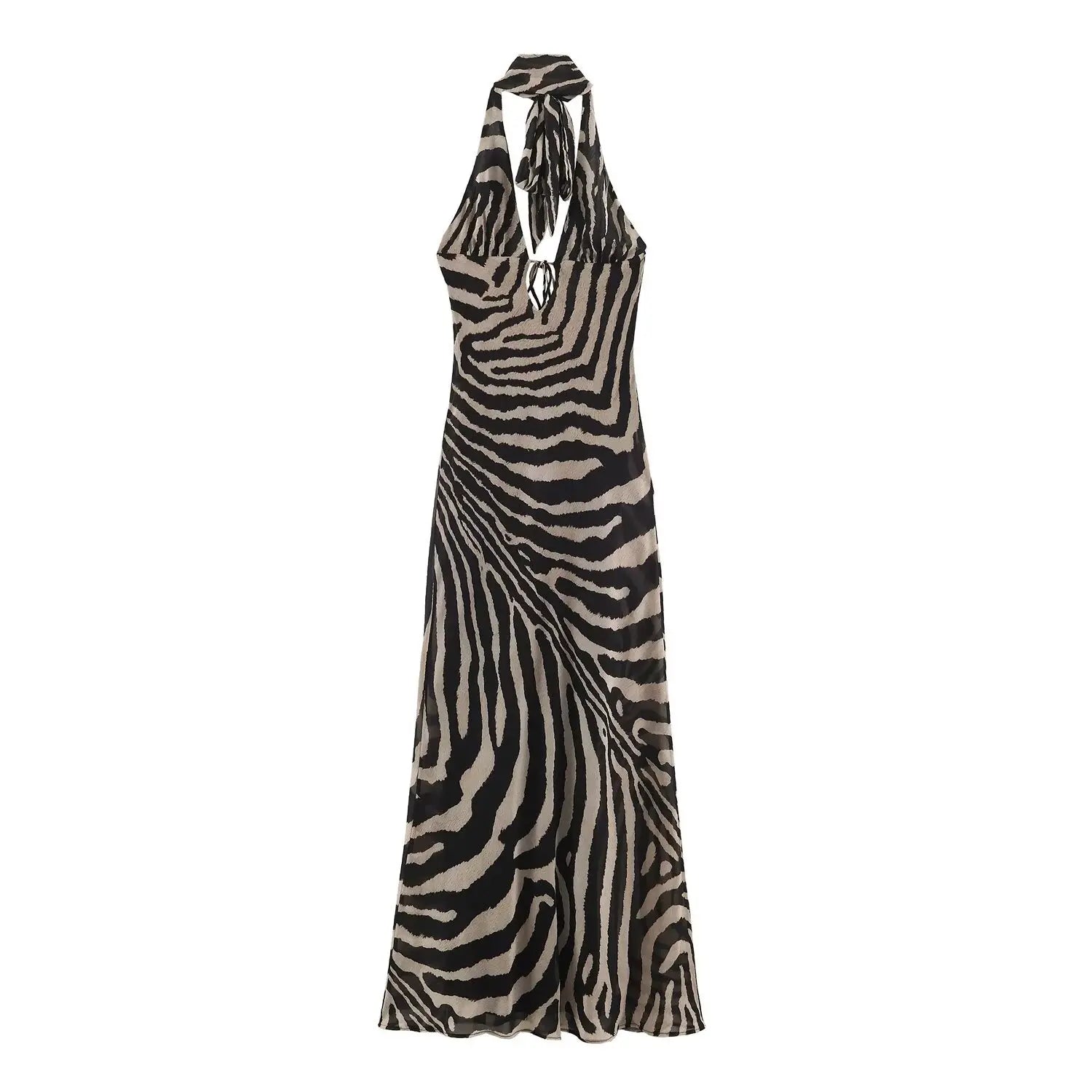 Women zebra print halter maxi dress, front flat lay view, backless tie neck long chiffon dress
