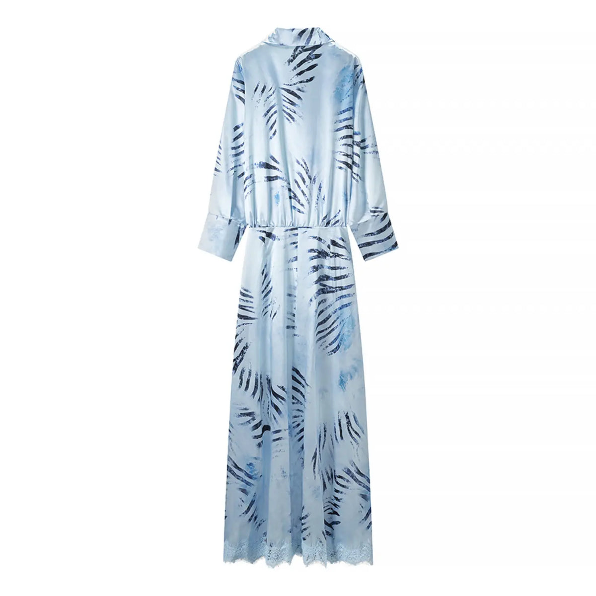 Back flat lay of zebra print lace trim satin maxi shirt dress