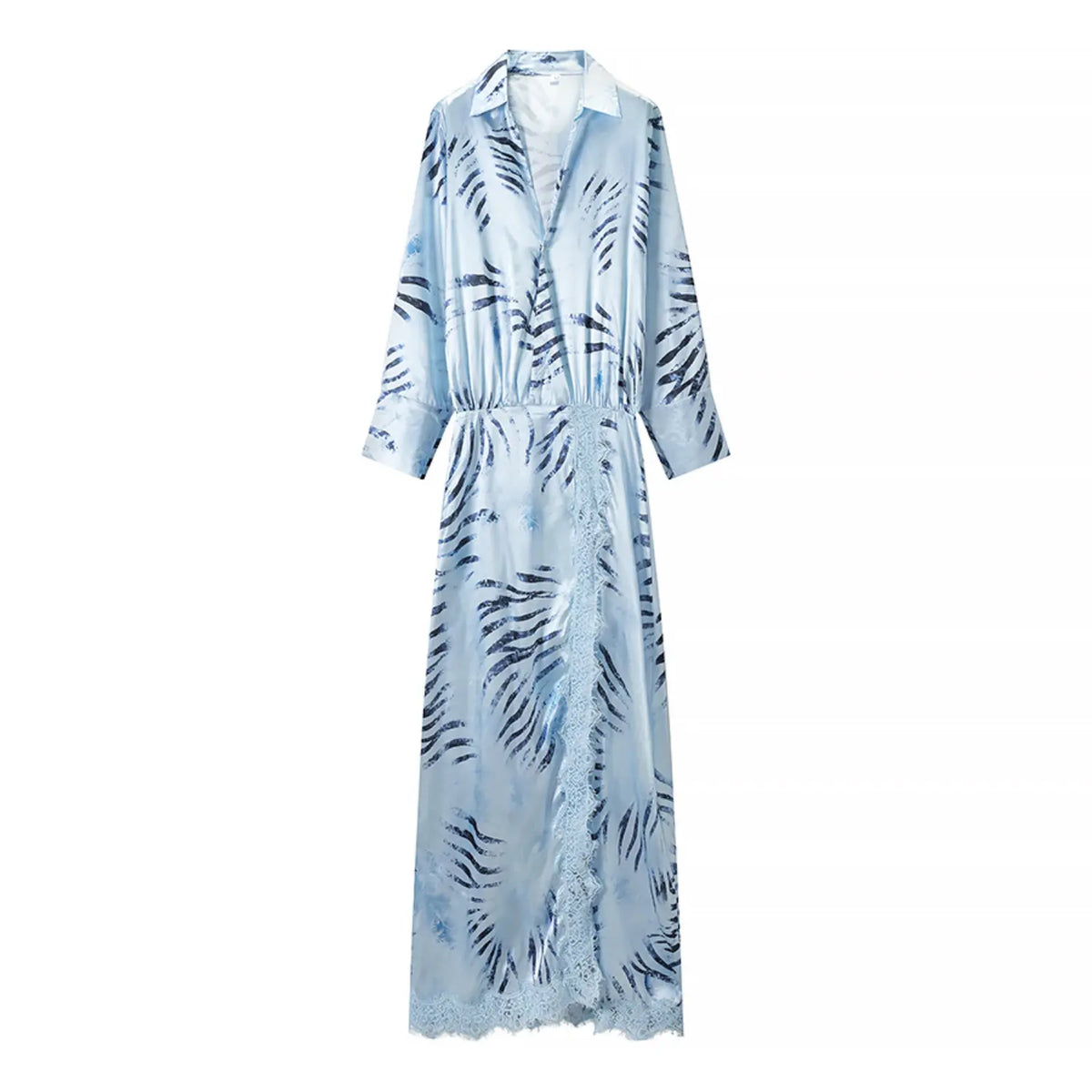 Front flat lay of zebra print lace trim satin maxi shirt dress
